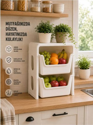 Dekozum Star Sebzelik Soğan Patates Sepeti Mutfak Rafı Organizer Çok Amaçlı Raf 2 Katlı Beyaz