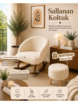 Dekozum Lavin Sallanan Koltuk Berjer Koltuk Teddy Kumaş Ahşap Ayaklı Puf Hediyeli Krem