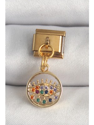 Alkasaz 316L Çelik Gold Renk Sallantı Renkli Zirkon Taşlı Göz Model Nomination Charm
