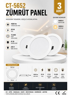 Yenilig 3 Adet CT-5652 Zümrüt Panel LED 20W – 16,9 cm Dış Çap 14 cm Kesim Çapı