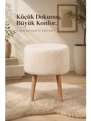 Dekozum Pufly Peluş Çok Amaçlı Dekoratif Puf Koltuk Dekoratif Puf Ayaklı Krem Puf