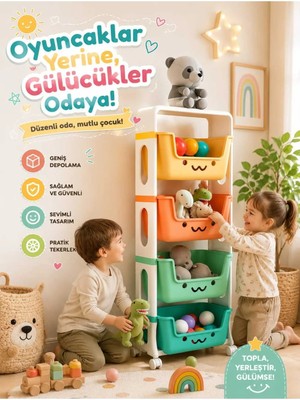 Dekozum Jerry 4 Katlı Oyuncak Dolabı, Oyuncak Organizeri, Sepetli Oyuncak Dolabı Rengarenk