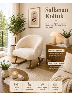 Dekozum Siena Sallanan Koltuk Berjer Koltuk Tedy Kumaş Ahşap Ayaklı Sallanan Koltuk Krem