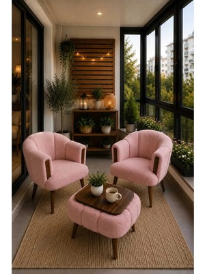 Dekozum Vera Comfort Çay Seti ve Peluş Ikili Berjer & Puf Takımı - 3'lü Set Gül Kurusu