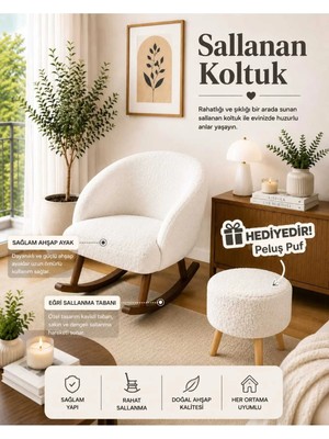 Dekozum Lavin Sallanan Koltuk Berjer Koltuk Teddy Kumaş Ahşap Ayaklı Puf Hediyeli Beyaz