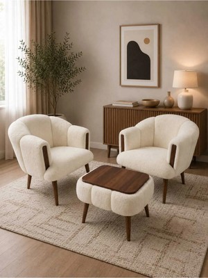 Dekozum Vera Comfort Çay Seti ve Peluş Ikili Berjer & Puf Takımı - 3'lü Set Beyaz
