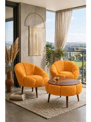 Dekozum Liva Comfort Koltuk Berjer Takımı Çay Seti Peluş Kumaş 3 Lü Set 2 Koltuk 1 Sehpa Turuncu