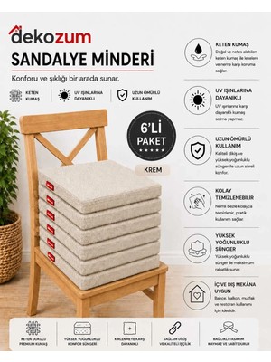 Dekozum Comfort Plus Sandalye Koltuk Minderi 40X40 Bağcıklı Fermuarlı Yıkanabilir Balkon Bahçe Minderi 6 Lı