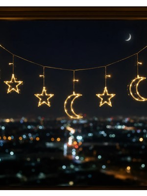 Alkasaz Büyük Ay Yıldız LED Ramazan Süsü Sıcak Beyaz Dekoratif Işık