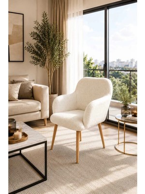 Dekozum Loren Berjer Koltuk Tekli Çay Seti Koltuk Salon Bahçe Balkon Koltuk Teddy Kumaş Beyaz