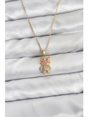 Alkasaz 316L Çelik Zincir Gold Renk Teddy Bear Model Zirkon Taşlı Kadın Kolye