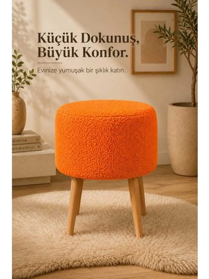 Dekozum Pufly Peluş Çok Amaçlı Dekoratif Puf Koltuk Dekoratif Puf Ahşap Ayaklı Puf 35 Çap Turuncu