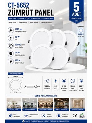 Yenilig 5 Adet CT-5652 Zümrüt Panel LED 20W - 16,9 cm Dış Çap 14 cm Kesim Çapı