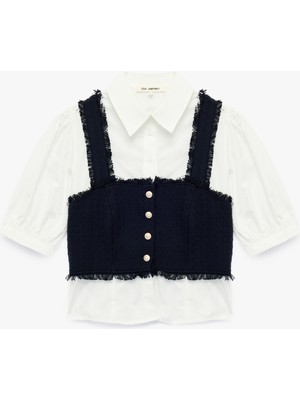Koton Slim Fit Düğmeli Kısa Balon Kollu Klasik Yaka Tüvit Katmanlı Crop Bluz