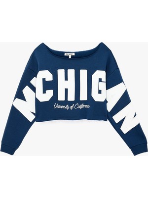 Koton Pamuklu Şardonlu Rahat Kalıp Kayık Yaka Uzun Kollu Baskılı Crop Sweatshirt