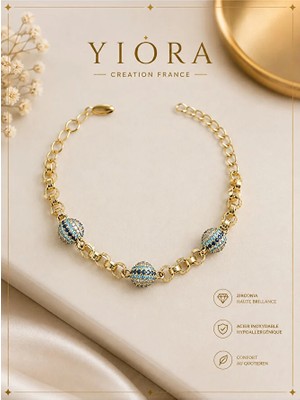 Yiora Jewelery Xupıng Özel Seri 14K Kaplama Kuyumcu Işçiliğinde Üçlü Sosyete Gözü Nazar Boncuklu Bileklik Altın Sarı 21+3cm