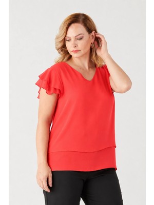 Moda Berray 3249 Omuz Fırfırlı Şifon Bluz Mercan