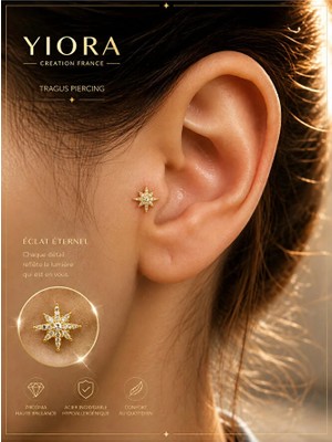 Yiora Jewellry Kuzey Yıldızı Cerrahi Çelik Zirkon Taşlı Tragus Helix Kıkırdak Conch Piercing 6 mm Gold/altın