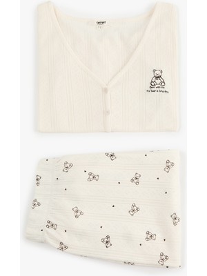Koton Ayıcık Baskılı Pamuklu Rahat Kalıp V Yaka Kısa Kollu Pijama Takımı