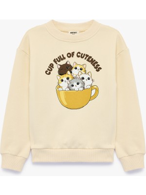 Koton Kedi Baskılı Uzun Kollu Bisiklet Yaka Şardonlu Sweatshirt