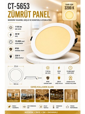 Yenilig CT-5653 Zümrüt Panel LED 30W – 22 cm Dış Çap 18,5 cm Kesim Çapı