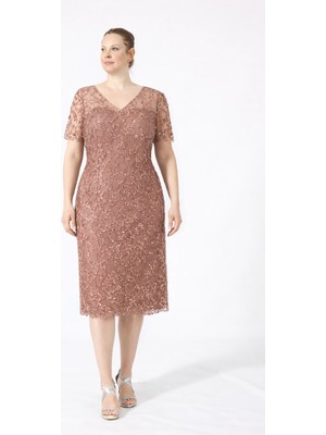 Moda Berray 2524  Ön Arka Bakır V Yaka Boncuklu Dantel Kısa Şık Elbise