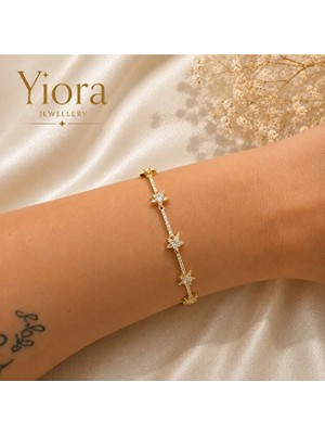 Yiora Jewelery Cmjewelry Özel Seri 14K Kaplama Kuyumcu Işçiliğinde Altın/gold Renk Zirkon Taşlı Yıldız Form Bileklik - 17 + 2 cm Modern Zincir