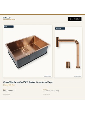 Crauf Stella 4460 Bakır 60X44 cm Evye + Lusso 4030 Batarya 2 Parça Set