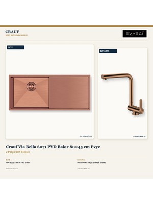 Crauf Via Bella 6071 Bakır 80X45 cm Evye + Pesce 4060 Batarya 2 Parça Set