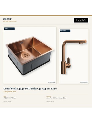 Crauf Stella 4449 Bakır 49X44 cm Evye + Attivo Pure 4065 Batarya 2 Parça Set