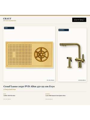Crauf Lusso 1030 Altın 42X22 cm Evye + Lusso 4040 Batarya 2 Parça Set