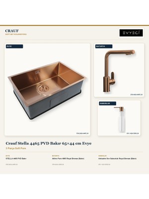 Crauf Stella 4465 Bakır 65X44 cm Evye + Attivo Pure 4065 Batarya + Sabunluk 3 Parça Set