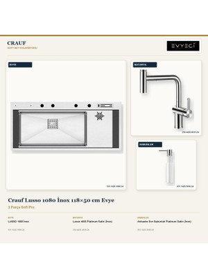 Crauf Lusso 1080 Inox 118X50 cm Evye + Lusso 4035 Batarya + Sabunluk 3 Parça Set