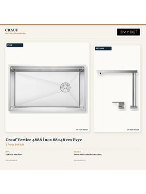 Crauf Vertice 4888 Inox 88X48 cm Evye + Vertice 4050 Batarya 2 Parça Set