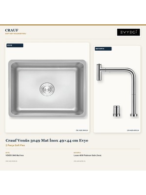 Crauf Venüs 3049 Mat Inox 49X44 cm Evye + Lusso 4030 Batarya 2 Parça Set