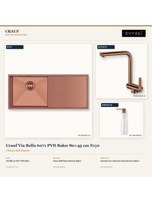 Crauf Via Bella 6071 Bakır 80X45 cm Evye + Pesce 4060 Batarya + Sabunluk 3 Parça Set