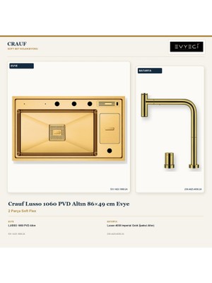 Crauf Lusso 1060 Altın 86X49 cm Evye + Lusso 4030 Batarya 2 Parça Set