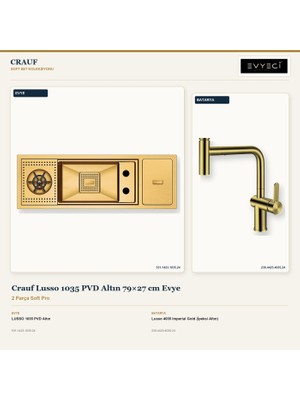 Crauf Lusso 1035 Altın 79X27 cm Evye + Lusso 4035 Batarya 2 Parça Set