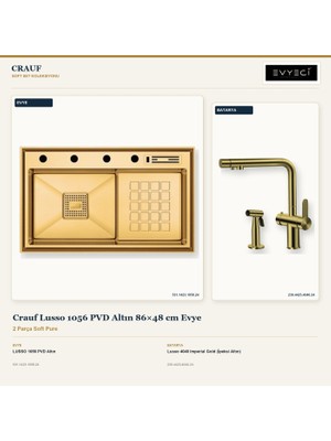 Crauf Lusso 1056 Altın 86X48 cm Evye + Lusso 4040 Batarya 2 Parça Set