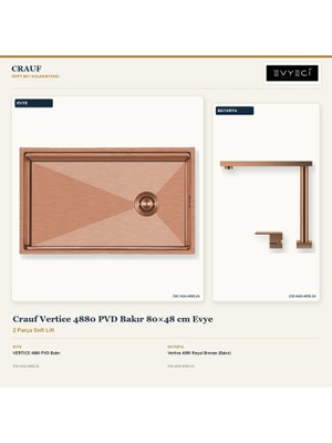 Crauf Vertice 4880 Bakır 80X48 cm Evye + Vertice 4050 Batarya 2 Parça Set