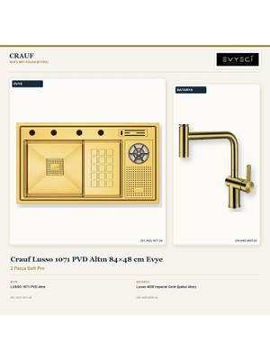 Crauf Lusso 1071 Altın 84X48 cm Evye + Lusso 4035 Batarya 2 Parça Set