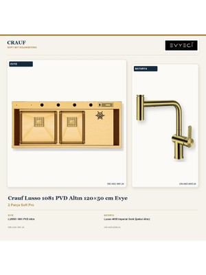Crauf Lusso 1081 Altın 120X50 cm Evye + Lusso 4035 Batarya 2 Parça Set