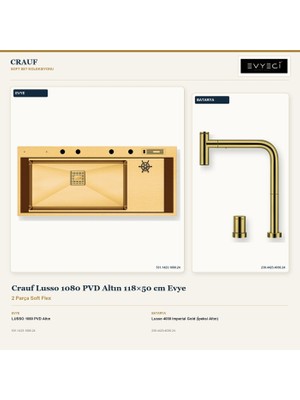 Crauf Lusso 1080 Altın 118X50 cm Evye + Lusso 4030 Batarya 2 Parça Set