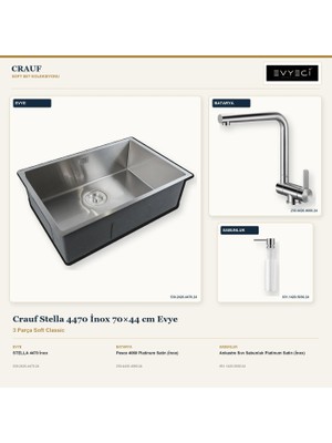 Crauf Stella 4470 Inox 70X44 cm Evye + Pesce 4060 Batarya + Sabunluk 3 Parça Set