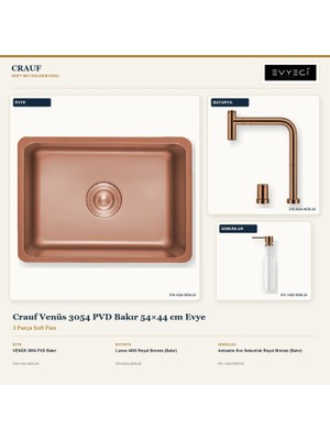 Crauf Venüs 3054 Bakır 54X44 cm Evye + Lusso 4030 Batarya + Sabunluk 3 Parça Set