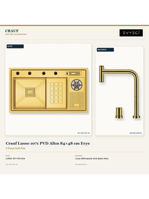 Crauf Lusso 1071 Altın 84X48 cm Evye + Lusso 4030 Batarya 2 Parça Set