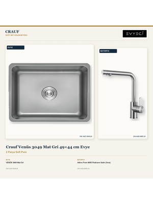 Crauf Venüs 3049 Mat Gri 49X44 cm Evye + Attivo Pure 4065 Batarya 2 Parça Set