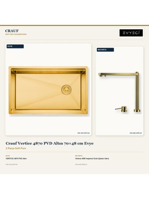 Crauf Vertice 4870 Altın 70X48 cm Evye + Vertice 4055 Batarya 2 Parça Set