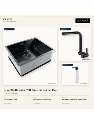 Crauf Stella 4454 Füme 54X44 cm Evye + Pesce 4060 Batarya + Sabunluk 3 Parça Set