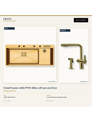 Crauf Lusso 1080 Altın 118X50 cm Evye + Lusso 4040 Batarya 2 Parça Set